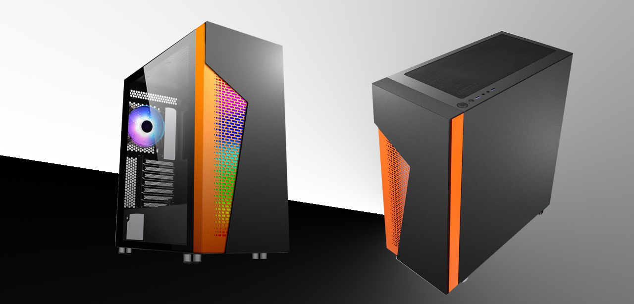 Two DIYPC IDX2-O-ARGB ATX Mid Tower Computer Cases with one being tilted to the right and illuminating ARGB light and the other being tilted to the left and illuminating no light